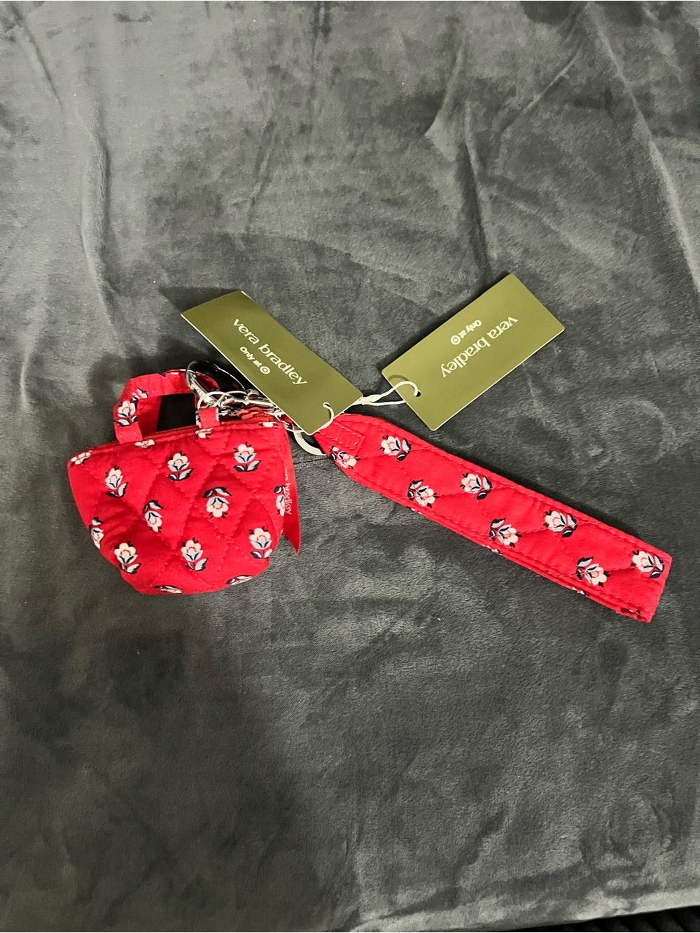 Vera Bradley Red Floral Quilted Keychain Wrist Strap Set